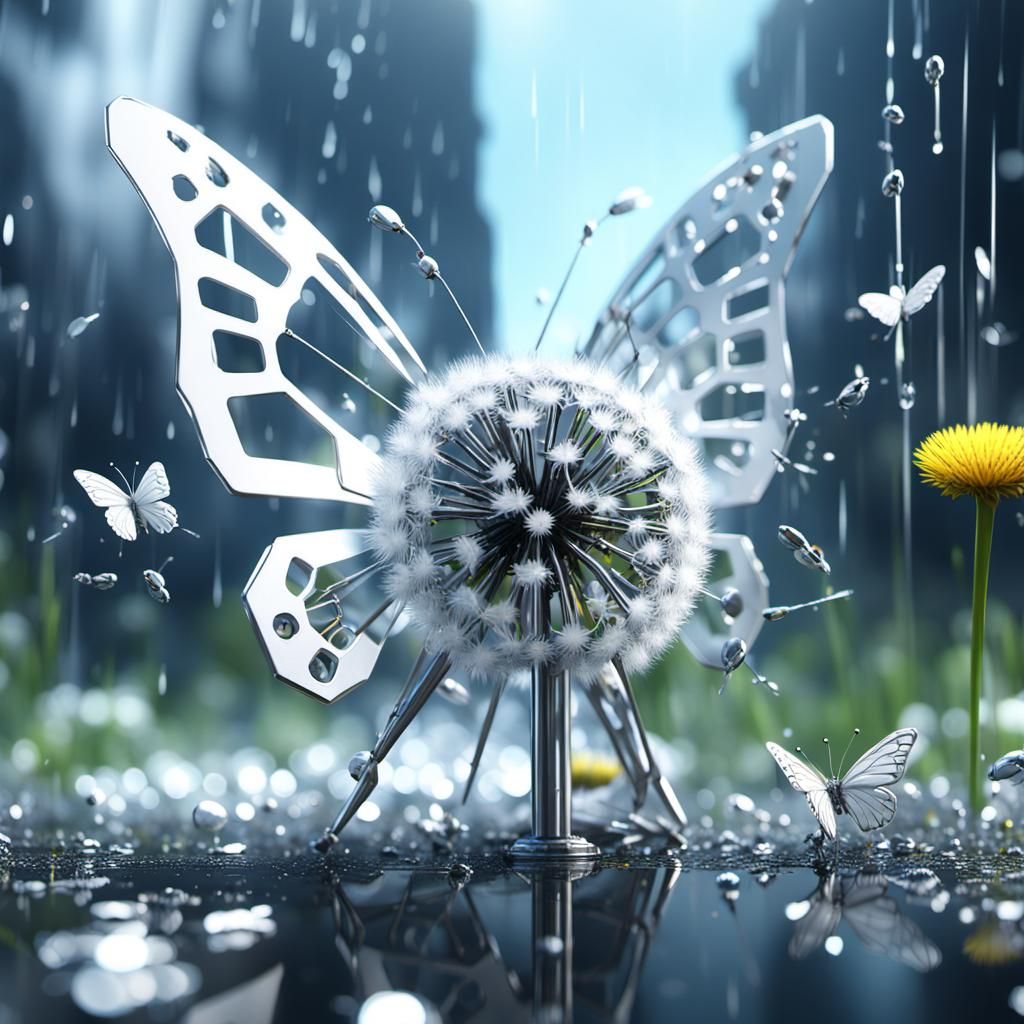 Dandelion and Butterfly in Silver Rain, Sci-Fi Render