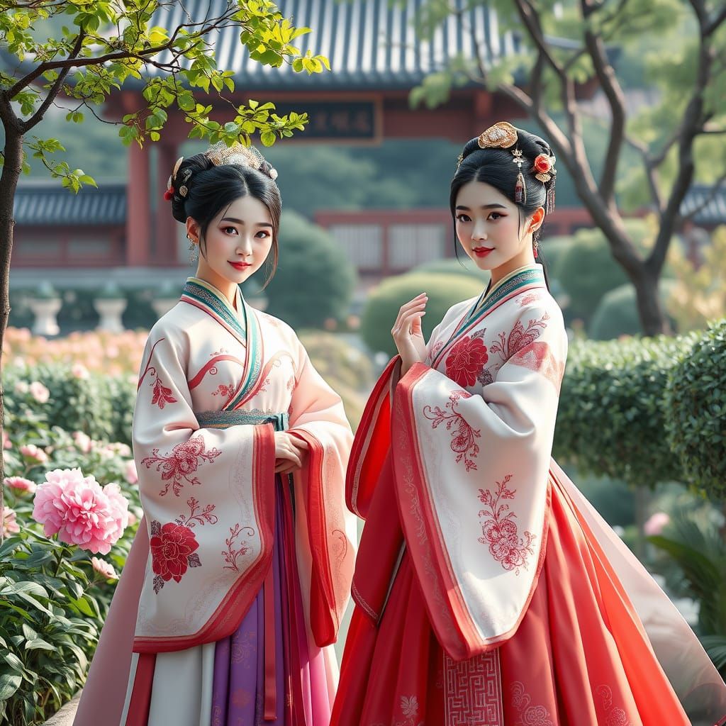 Elegant Korean Women in Traditional Garden
