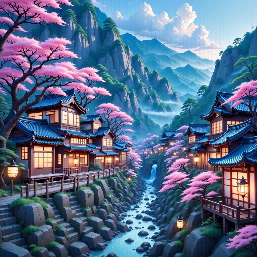 <lora:Project Sakura Fx:1.0>, a beautiful mountainside village, in style of Sangyeob Park, Yanjun Cheng and Susan Luo, japanese artstyle, ka...