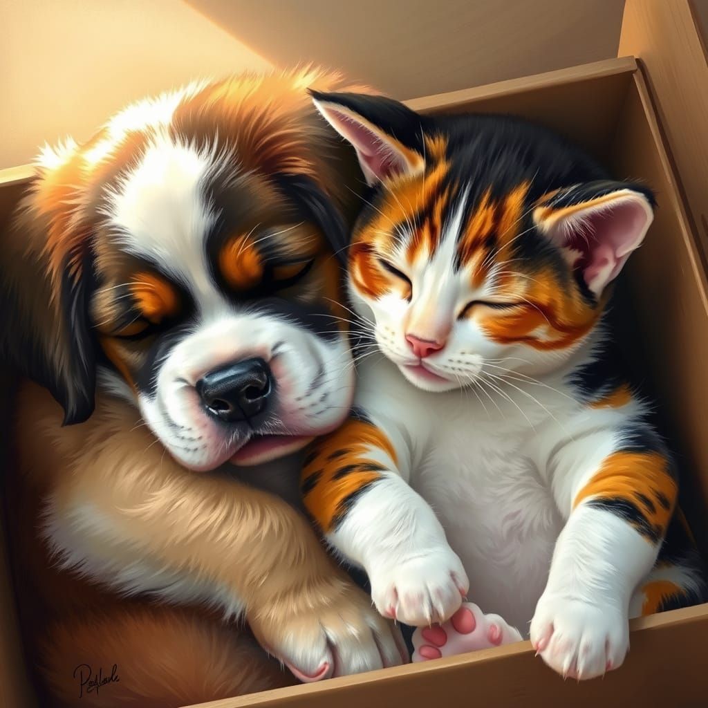 a sleepy St. Bernard puppy and a  sleepy Calico kitten are laying together in a box sleeping serenely ...  by @D1sk0nn3ct3d