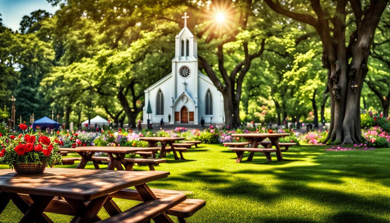 A church picnic outside a cathedral with a cross on top in a garden park with trees, flowers, and picnic tables. HDR, beautifully shot, hype...