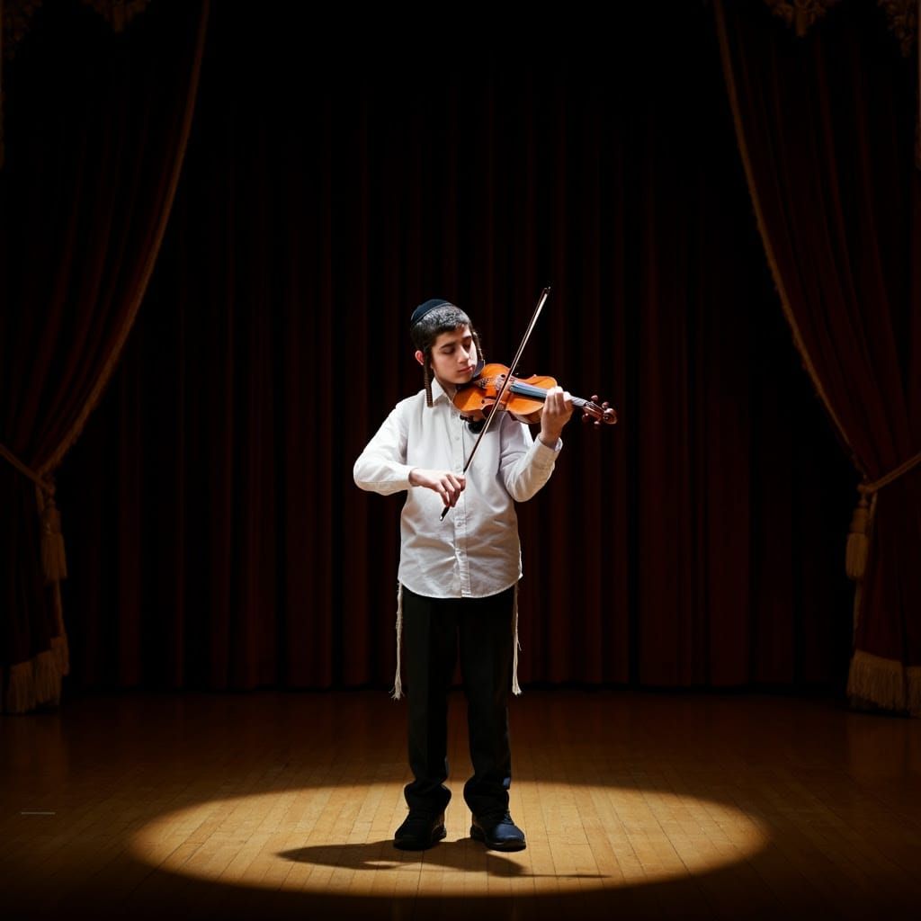 Orthodox Boy Lost in Violin Music on Empty Stage