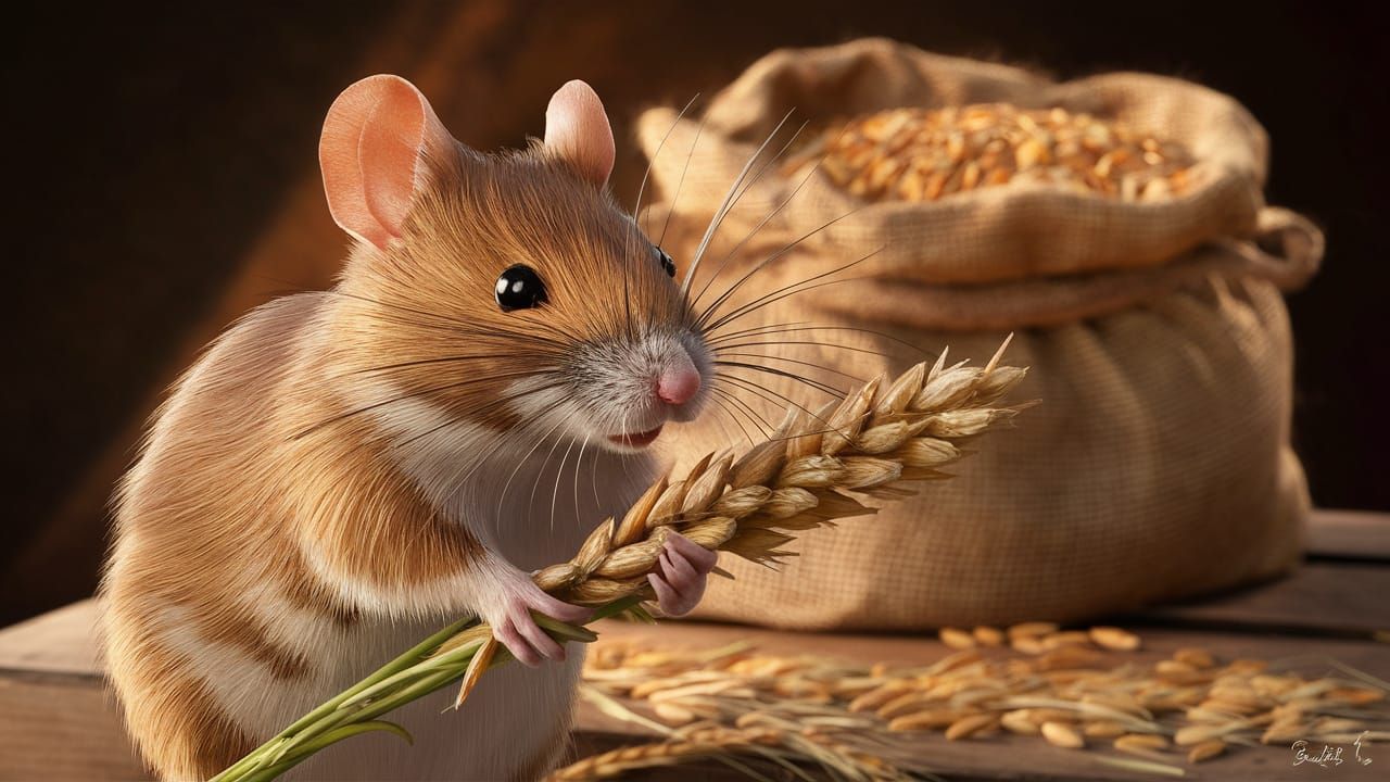 Portrait of a field mouse, it holds an ear of rye in its paw...