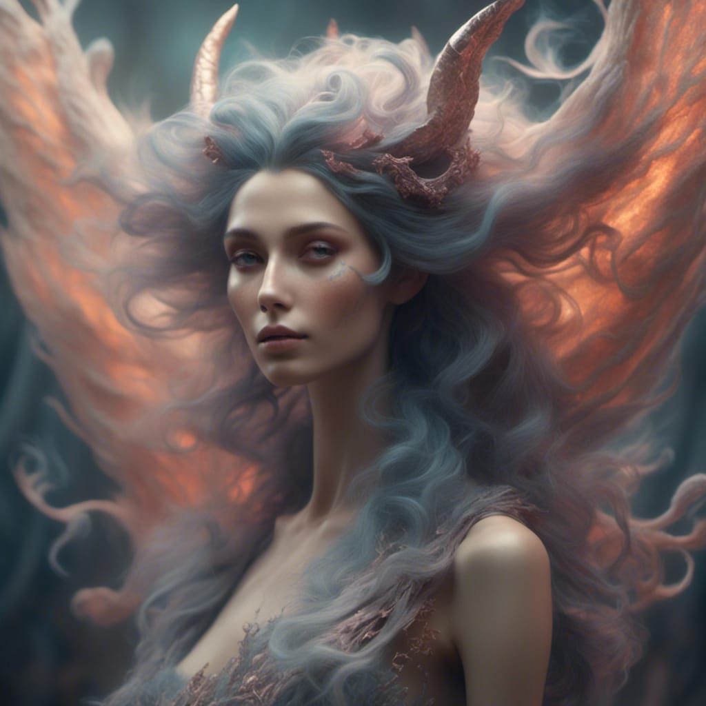 <lora:Wispy Hair:1.0> Impossibly beautiful demon with Smokey wispy hair softly disappating by Amy Brown and Anna dittman and Amanda sage. ma...