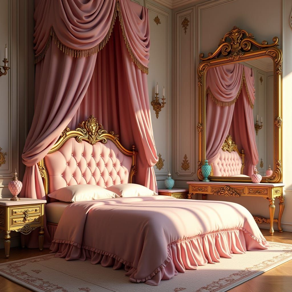 Luxurious Dream Bedroom with Velvet Canopy and Golden Accent...