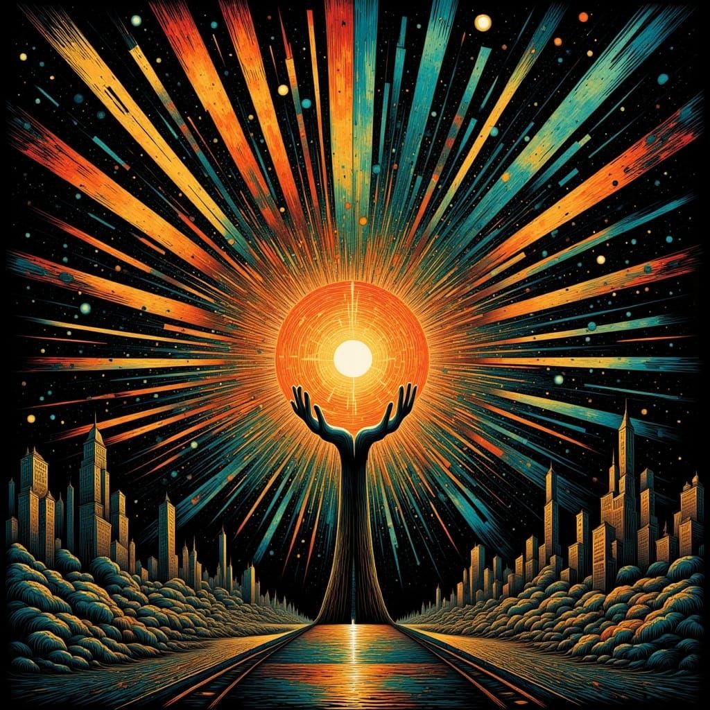 <lora:Deco-Detail:1.0> deco detail wizard holding a ball of fire, with rays of light that extend throughout the image , emanating from the b...