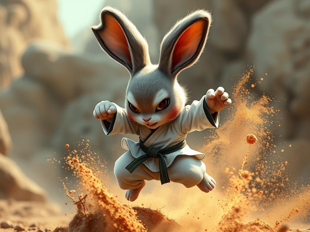 Chibi Bunny Karate Master in Hyper-Detailed Dark Fantasy