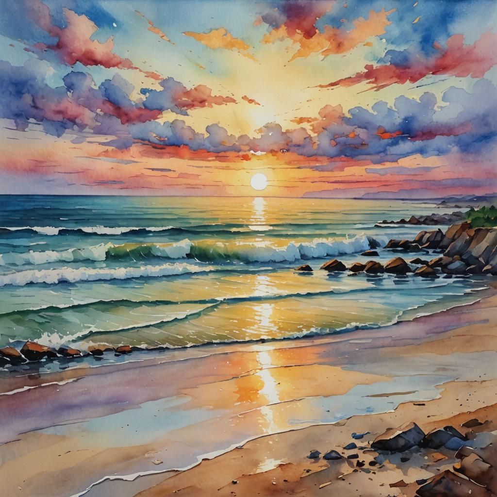 A watercolor painting of a beach at sunset - AI Generated Artwork ...