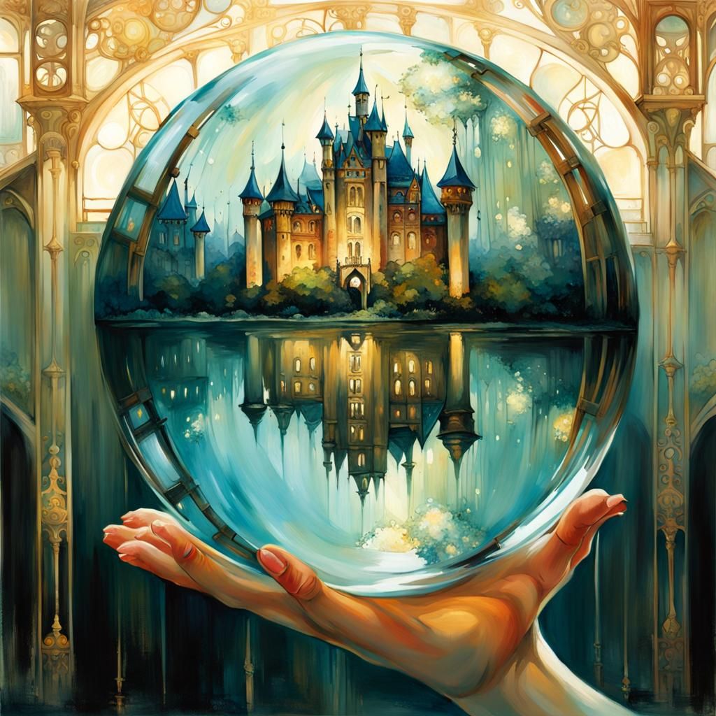 A woman's hand holding a glass ball showing a castle reflected in water upside-down.  by @Winter