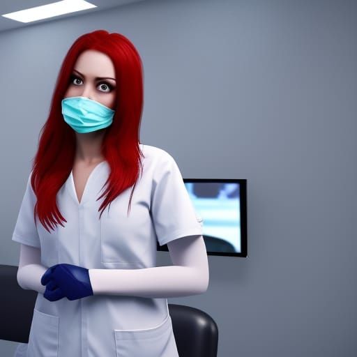 Female dentist with Red hair wearing gloves and a surgical m...
