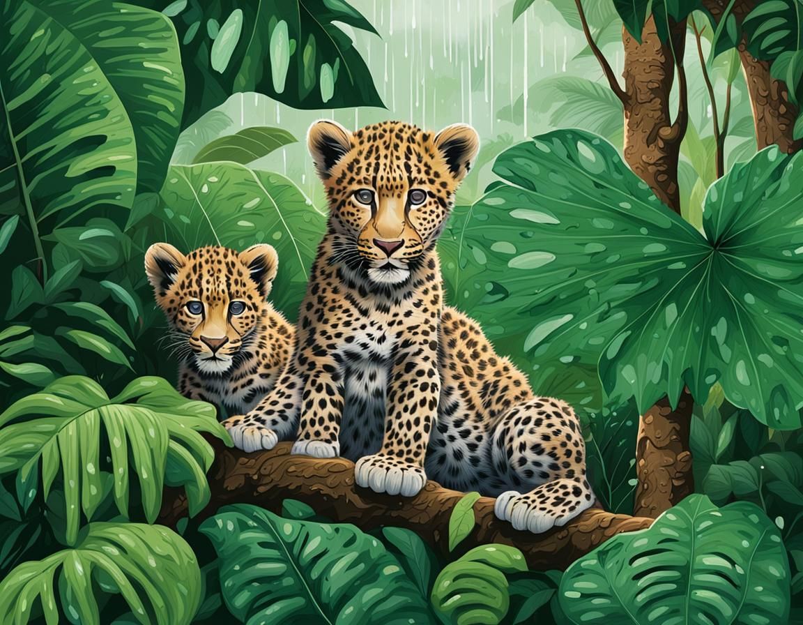 Lush rainforest with rain falling, leopard cubs hiding under...