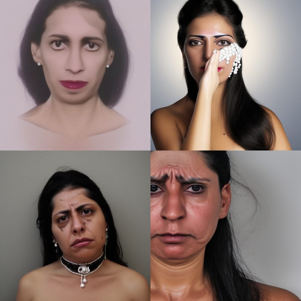 mujer con perlas negras en la cabeza, piel blanca, ojos negr...