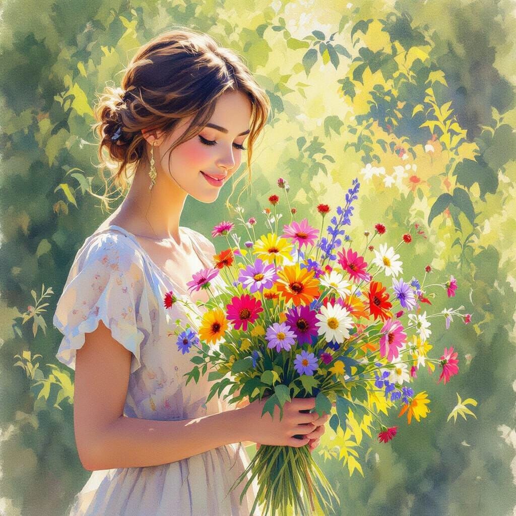 Woman Picking Wildflowers in Sunlit Garden Watercolor