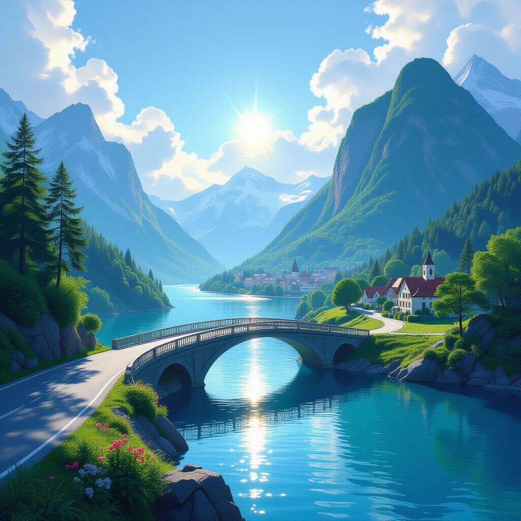 A bright dreamlike landscape during daytime — on the right side stands a tall, green mountain under a clear blue sky; in front stretches a b...