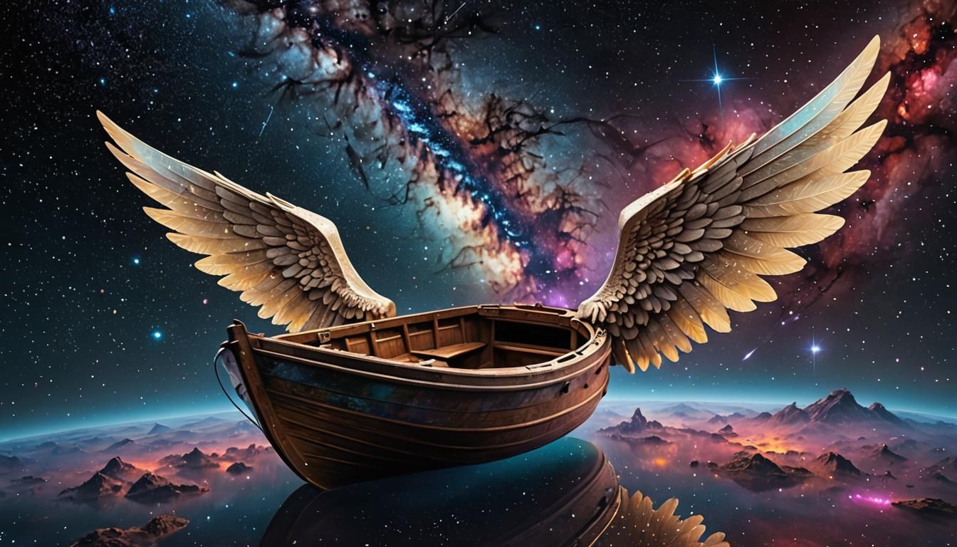 A boat with Huge angel wings at both left and right side of ...