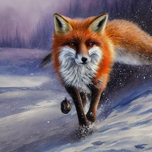 Fox Running Through Snow in Watercolor Style