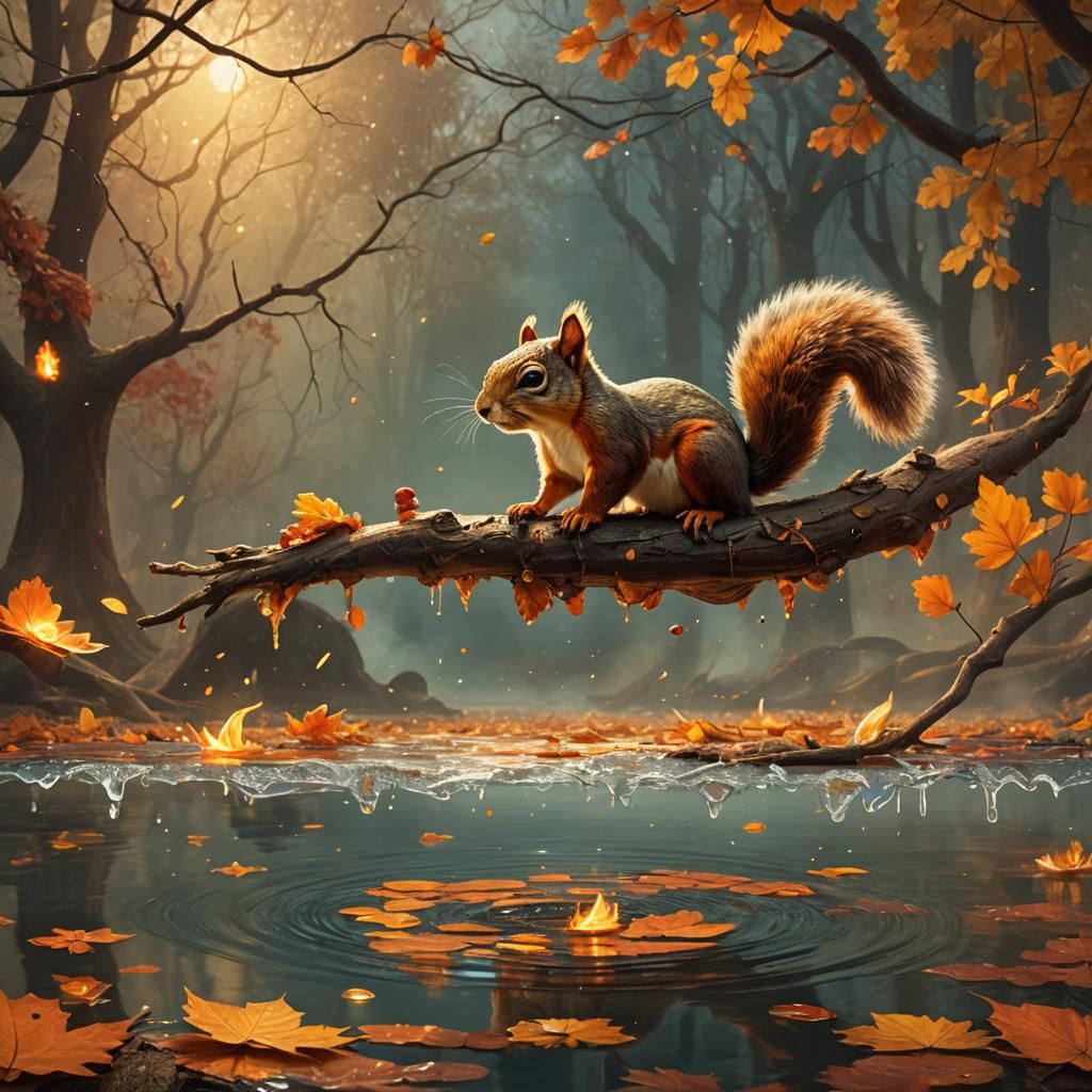 Squirrel Floating on Leaf in Fiery Autumn Scene