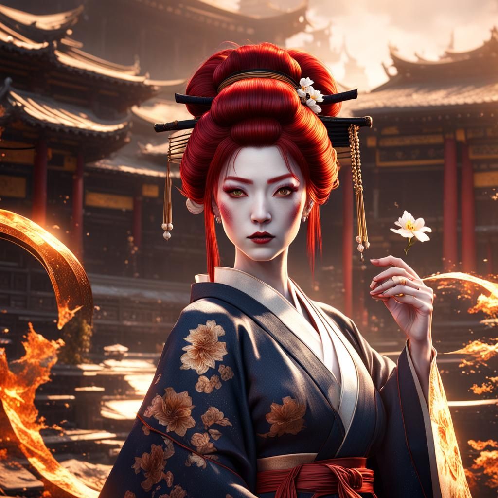 Red-haired Geisha, iris, sun,