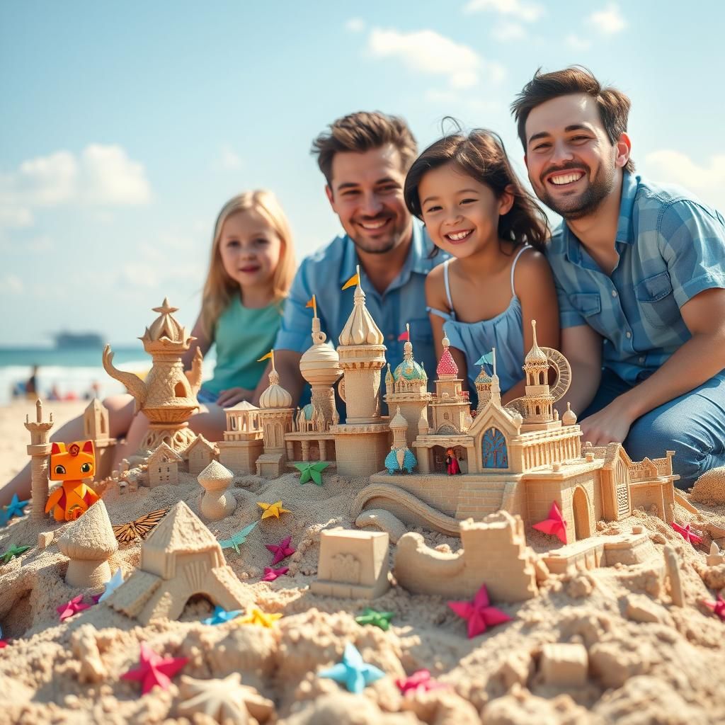 Fun scenes of families making unique sand sculptures.