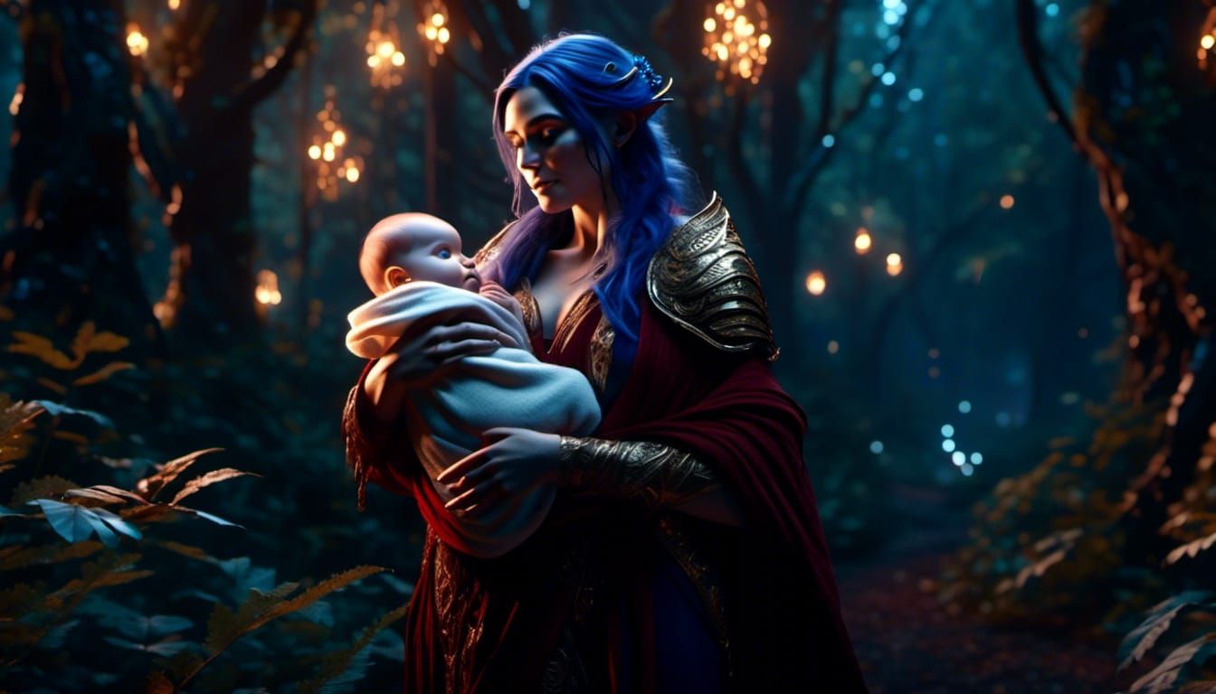 <lora:Mystical Fantasy:1.0>  A chubby night elf woman with midnight blue hair, pale skin, glowing golden eyes while wearing dark red robes c...