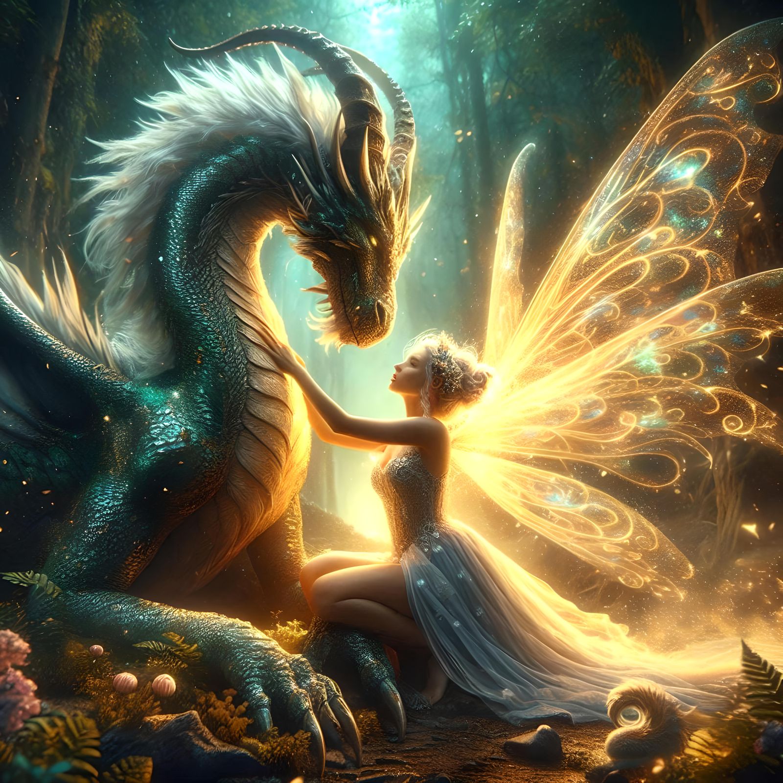 A beautiful fairy using magic to heal a dragon