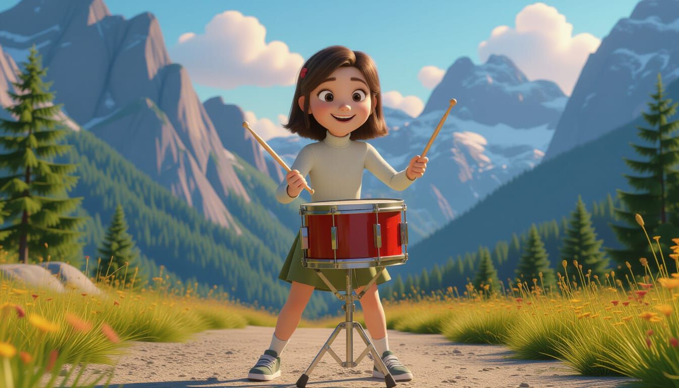 Pixar-Style Girl Drummer on Mountain Path
