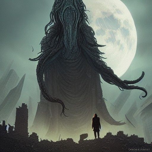 Giant cthulu facing the Moon, standing in the ruines of an a...