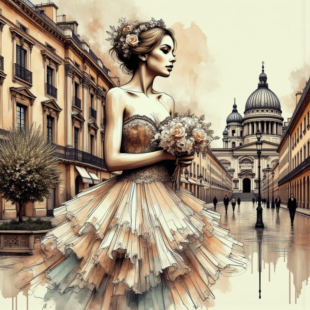 Ballerina in front of the Scala of Rome, in the summer - line art! <lora:Beauty-Architecture:1.0>