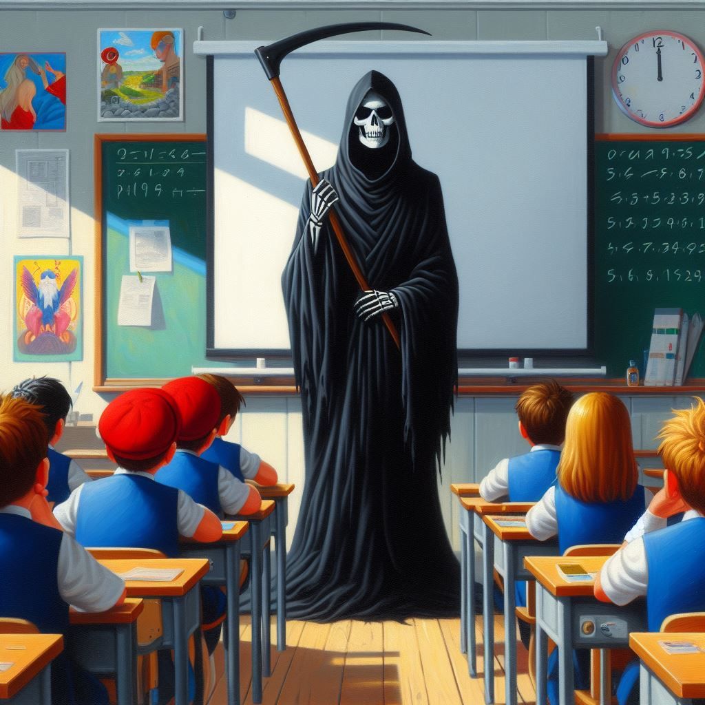 Grim Reaper as a female school teacher
