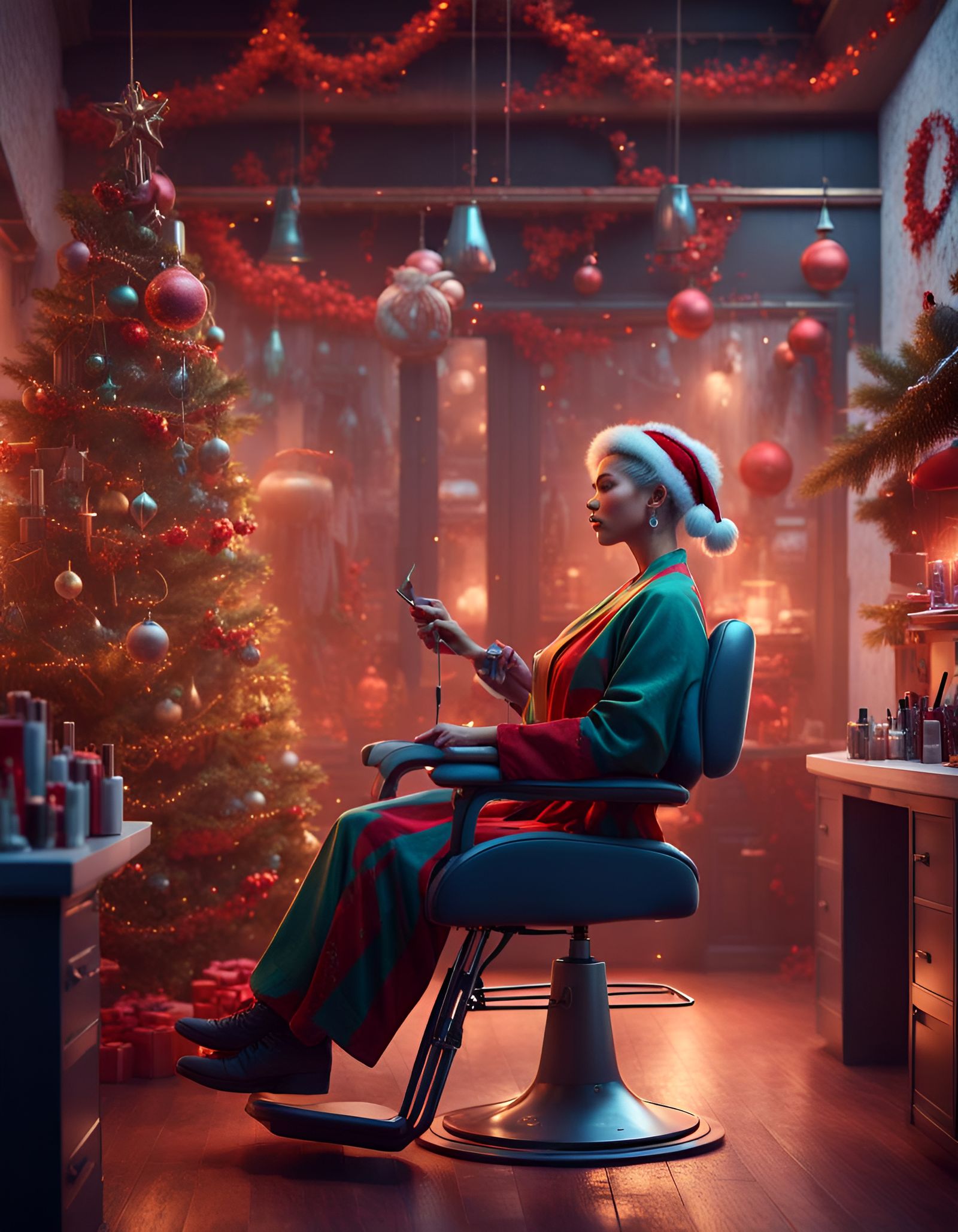 hairdresser in a salon celebrating christmas ready for work