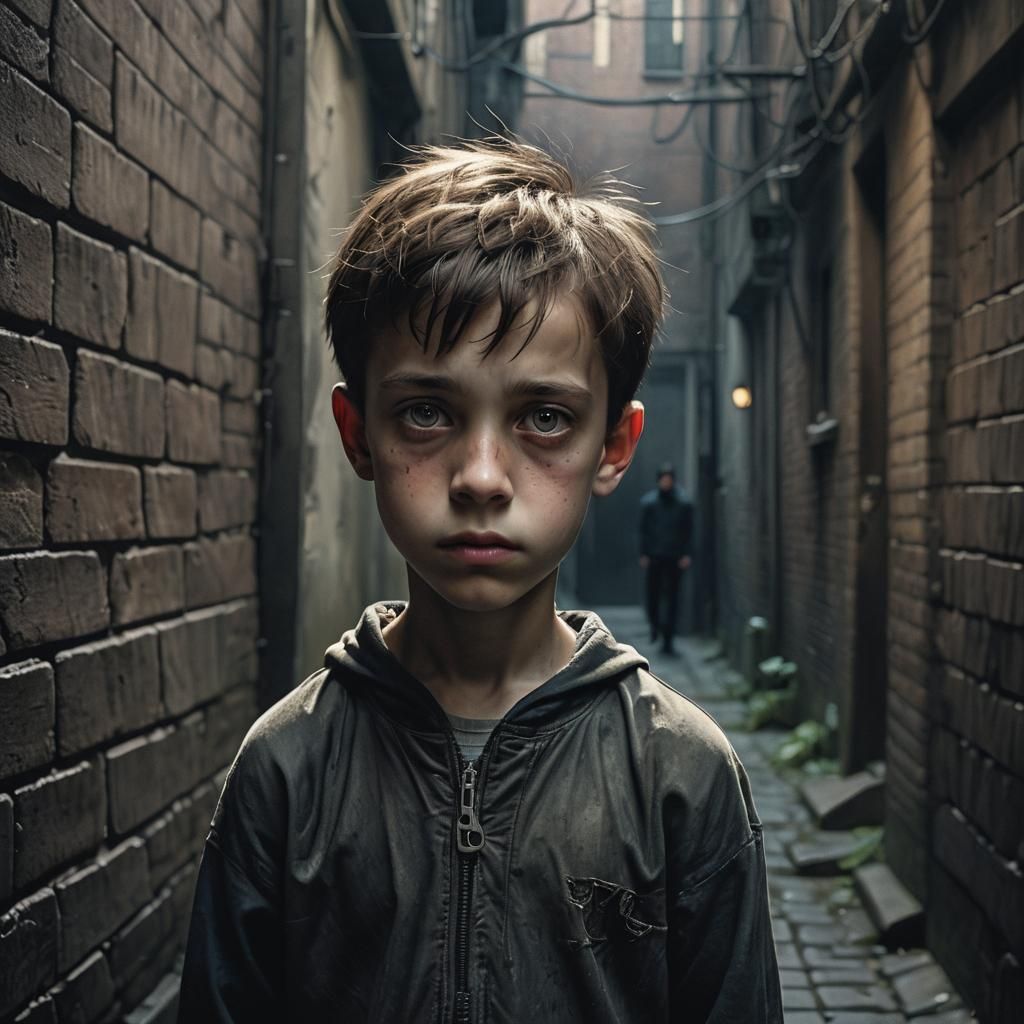 Hyperrealistic Portrait of Boy in Dim Alleyway