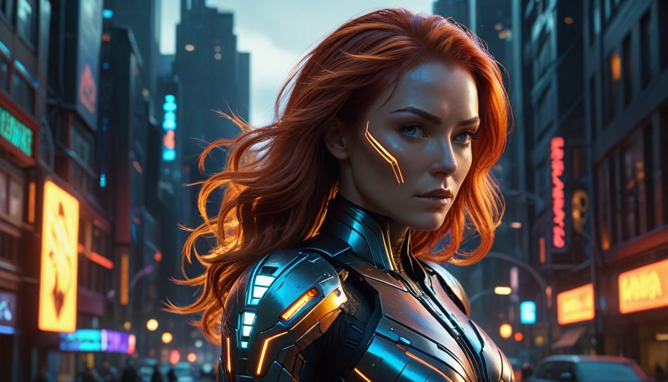 Epic, hyperrealistic, cyber-organic portrait of Jean Grey (Phoenix) in the year 2077. She embodies a harmonious, powerful fusion of advanced...