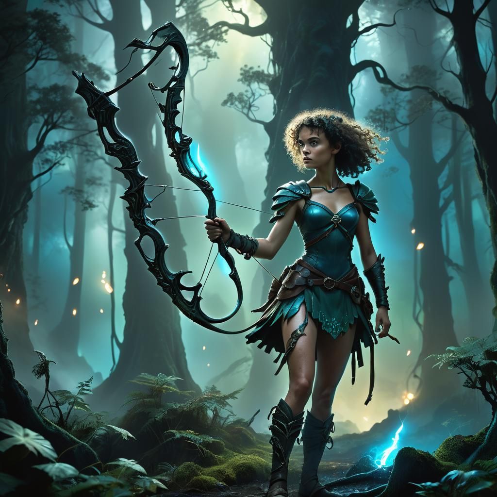 Female Warrior in Mystical Forest: Film Noir Concept Art