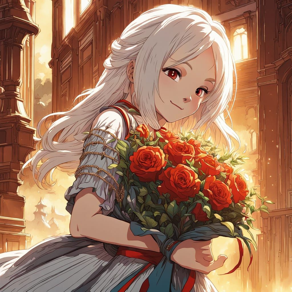 Anime Girl Holding Red Roses in Golden Hour Light
