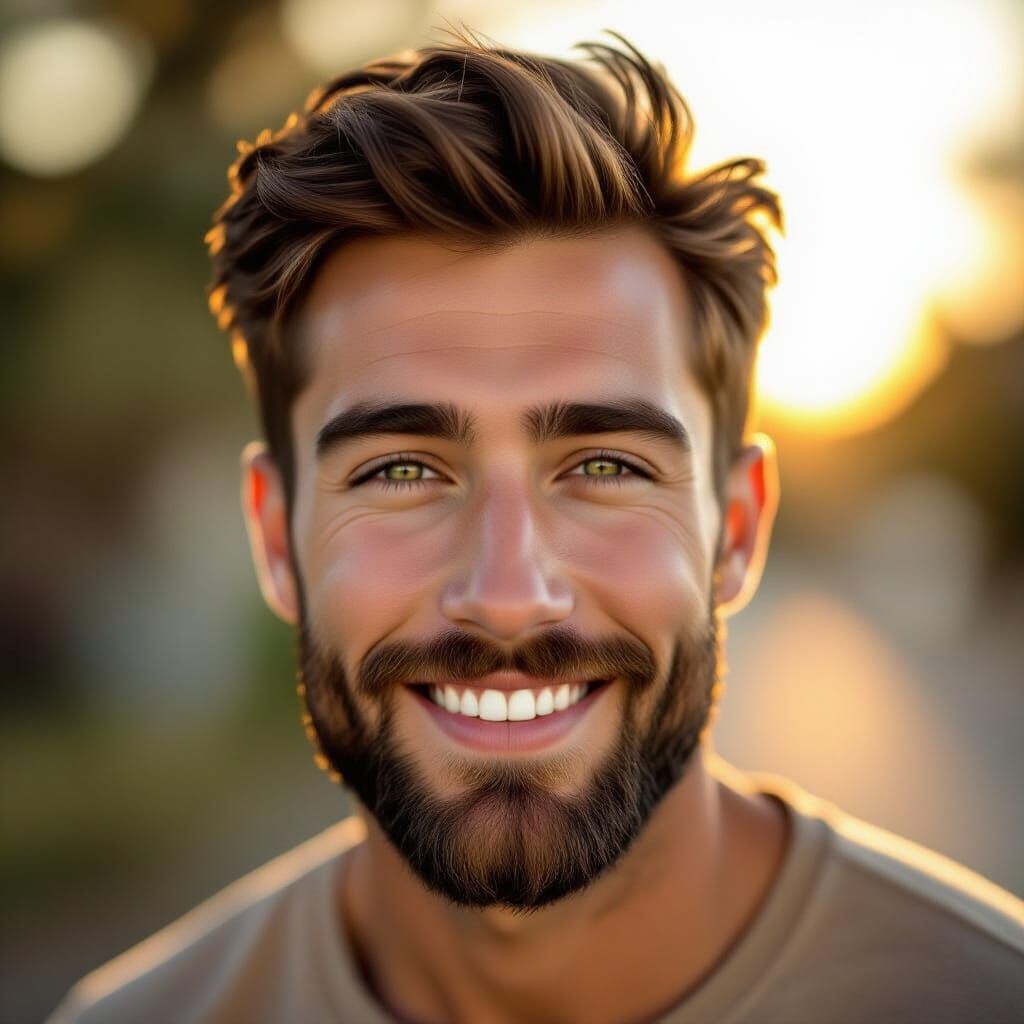 Photorealistic Portrait of a Smiling Man in Golden Hour Ligh...