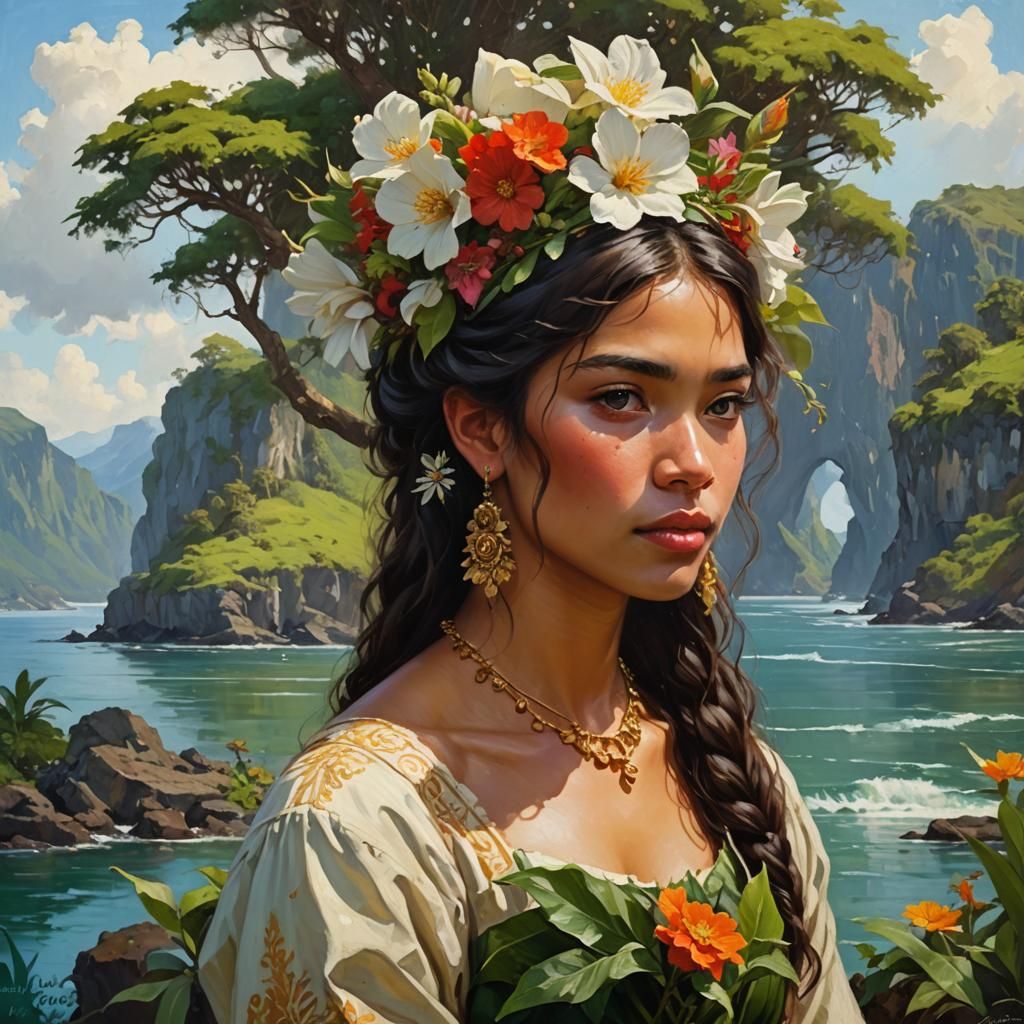 Painting style, island princess with a flower in her ear