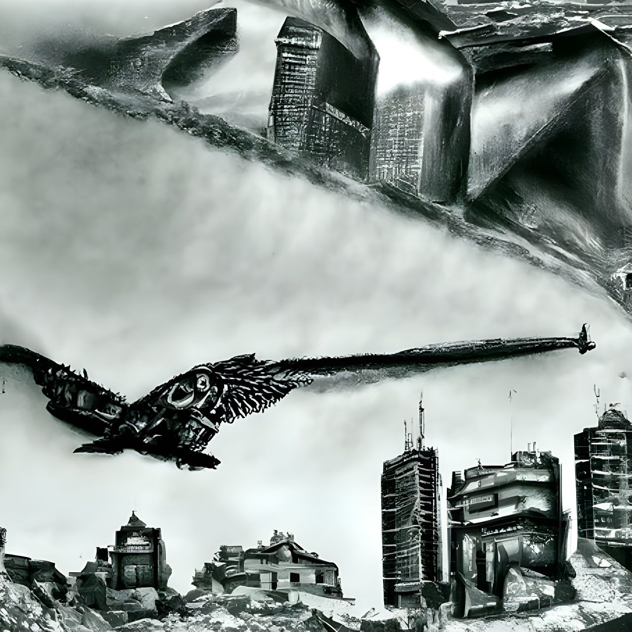 Metal Hawk Flying Over a City