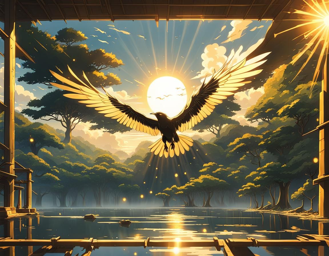 A golden crow flying in front of the warm Sun. Studio Ghibli 