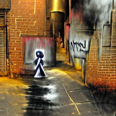 Lonely Walking down dark alley secretive graffiti spray pain...