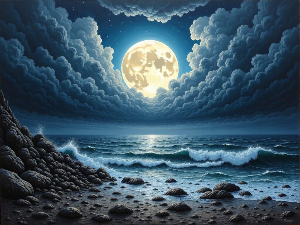 Stormy Sea Under Full Moon Sky as Oil Painting