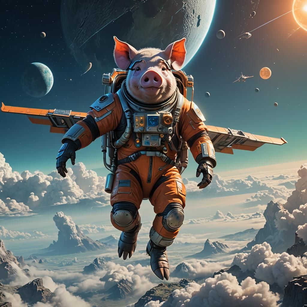 Pig Astronaut Rides Plane on Blue Moon