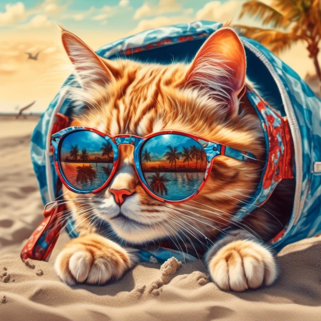 <lora:vinaigrette:1.0> cat in sunglases lying on the beach, comic style,masterpiece, high details, wide angle,caricature,hyperrealistic,full...