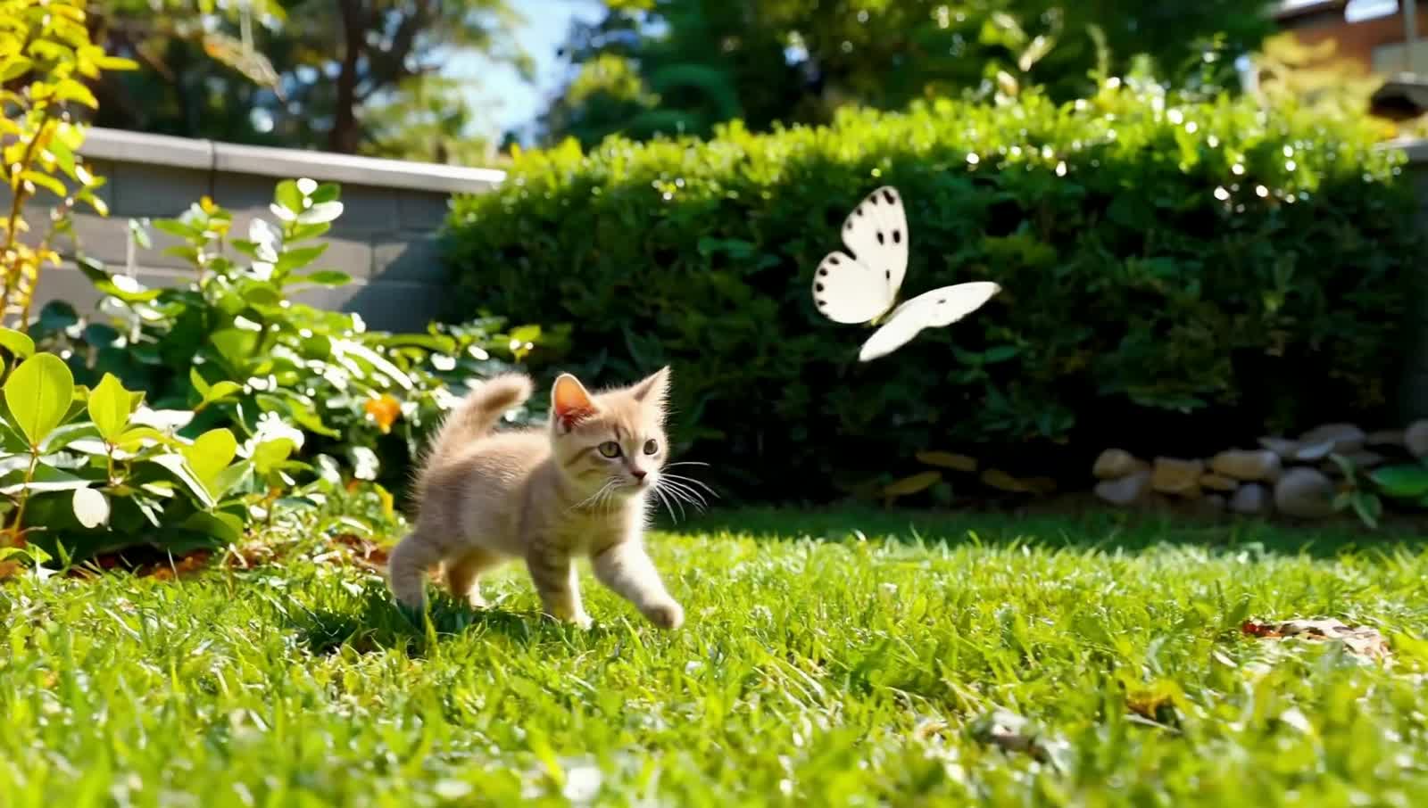 "A playful montage of cats in different settings: a fluffy kitten chasing butterflies in a sunny garden, a sleek black c...