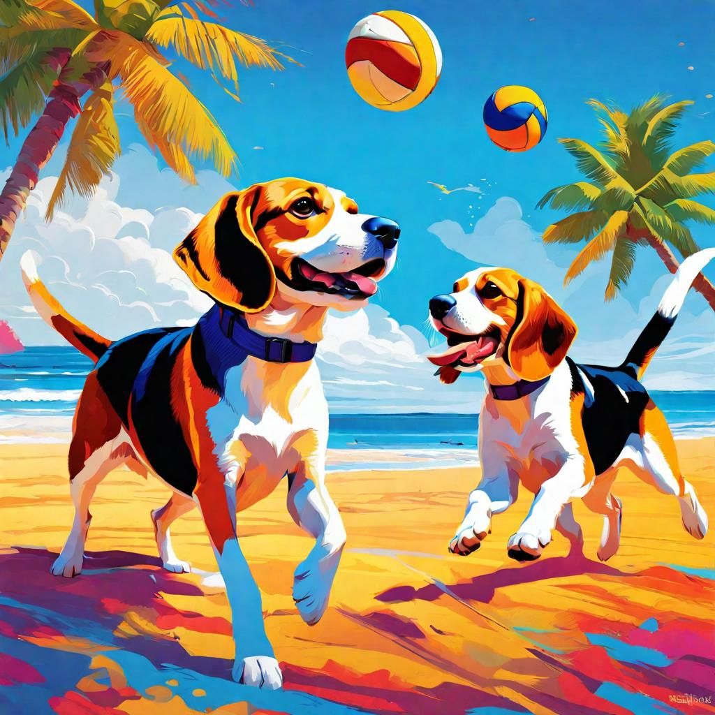 Beagles playing volleyball on the beach, vivid colors, Hyperrealistic ...