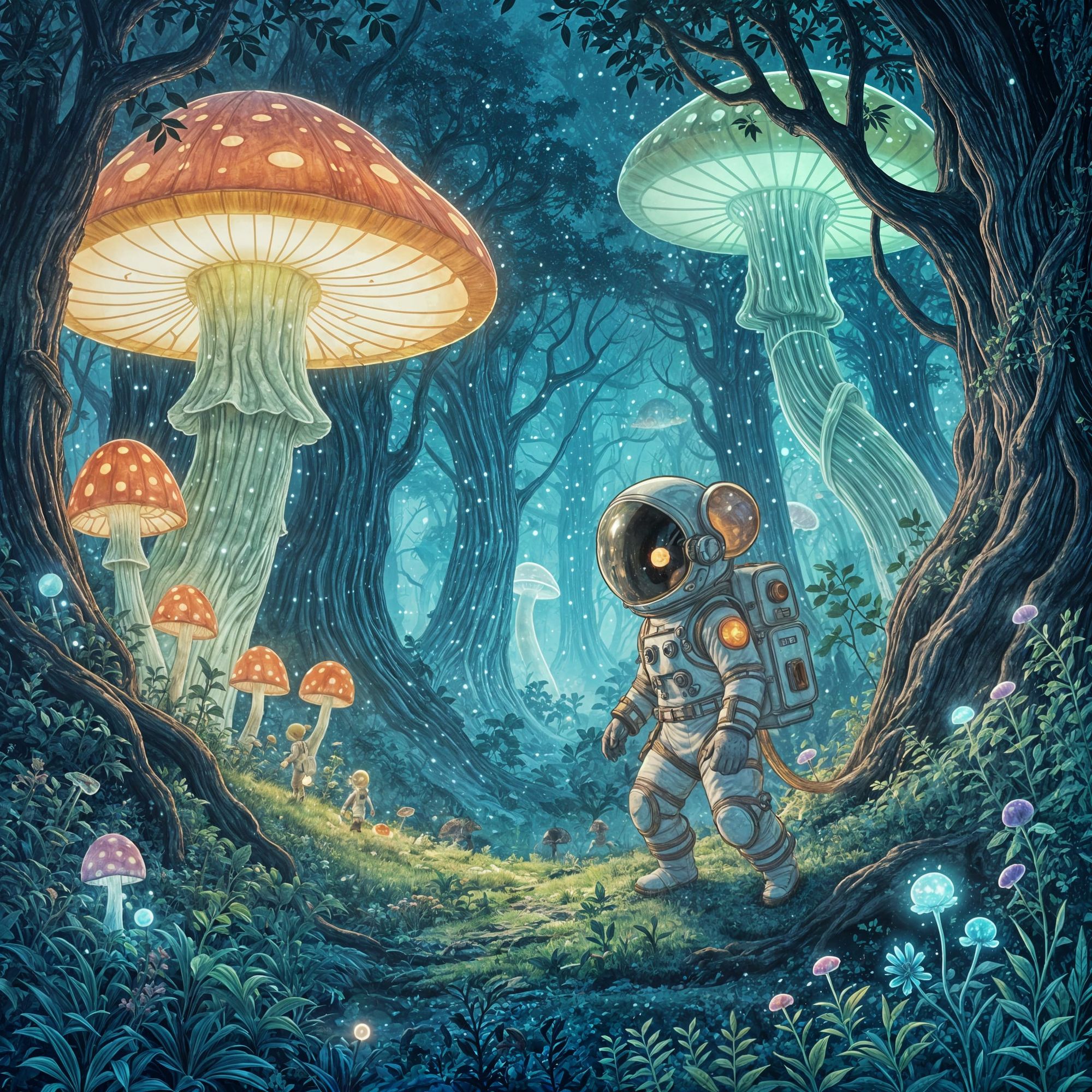 A lone astronaut mouse explores a bioluminescent, enchanted forest, its suit glowing with retrofuture technology. Giant, surreal mushrooms p...