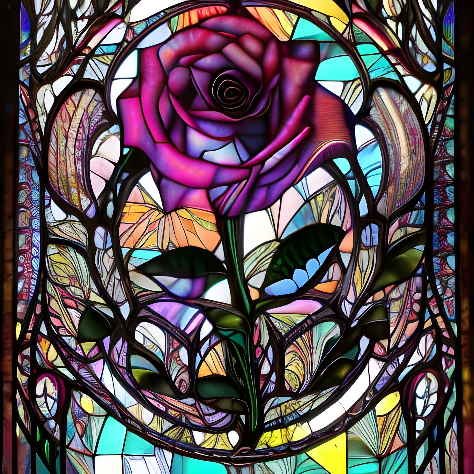 Intricately detailed rose motif on stained glass, yoshitaka amano, moebius, Insanely detailed stained ...  by @Dalia Larimar