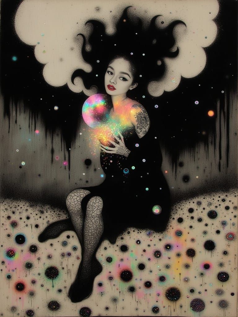Diana Ross with Black and white iridescent tattoo collage sc...