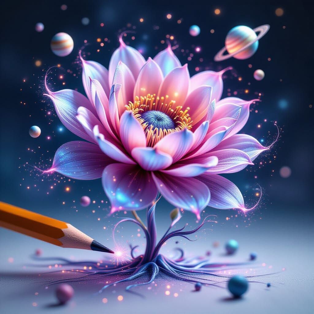 A macro shot of a pencil sketch transforming into a breathtaking cosmic flower — delicate graphite lines bloom into radiant petals made of s...