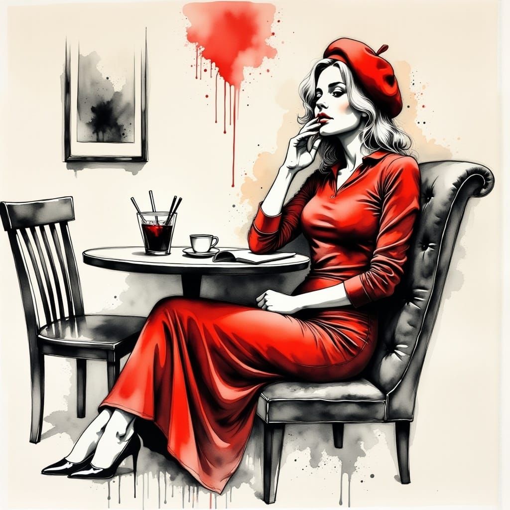 <lora:Charcoal Ink Fx:1.0> charcoal and ink art , detailed portrait of curly blonde haired beautiful female teacher,, red beret, stunning po...