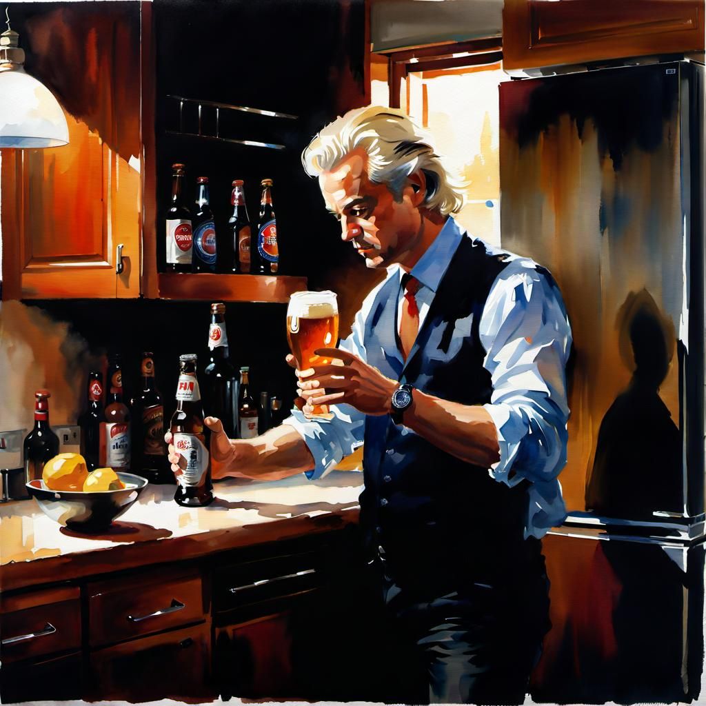 Watercolor painting of Geert Wilders, who grabs a beer from the fridge ...